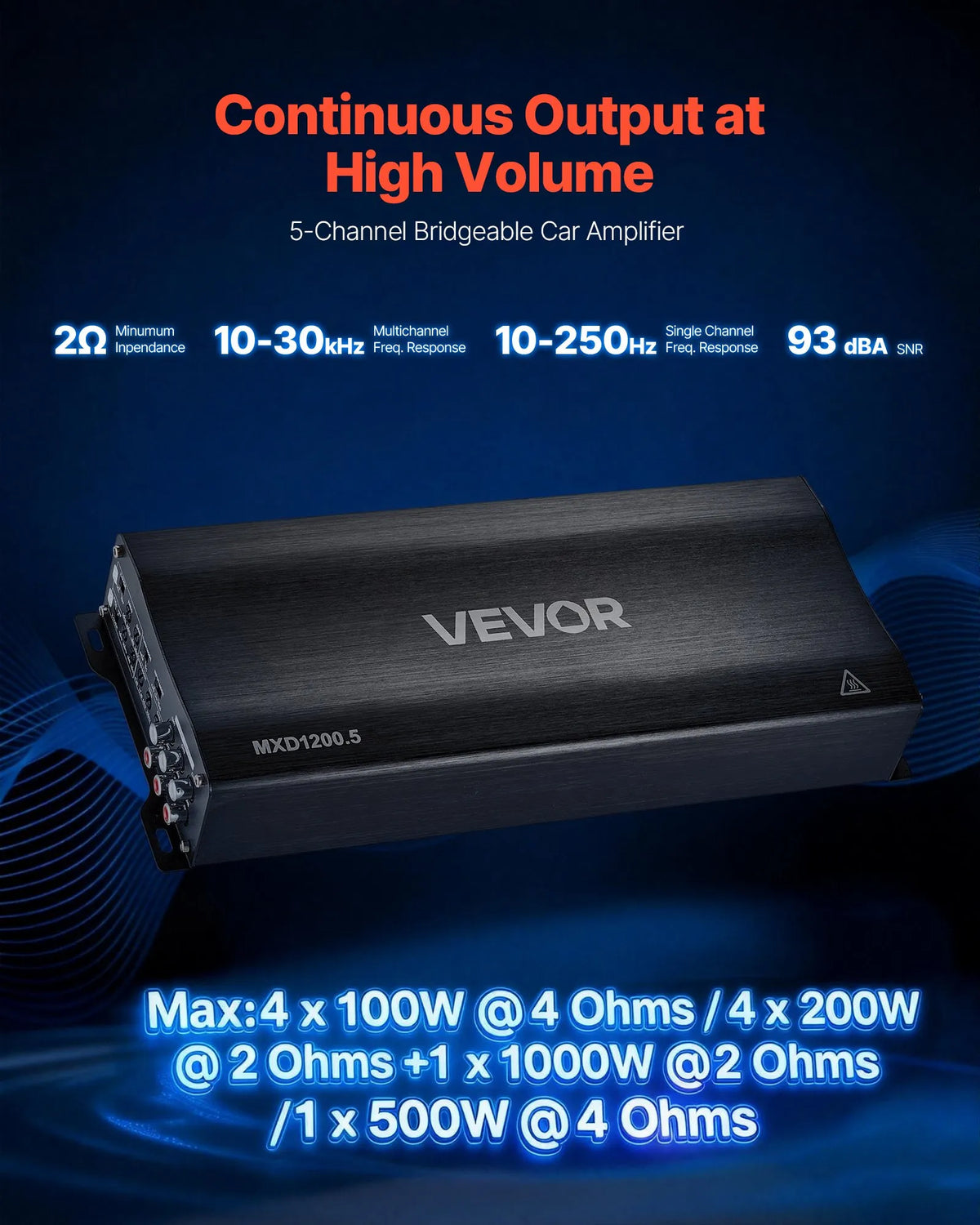VEVOR 5 kanālu automašīnas audio pastiprinātājs, tiltojams daudzkanālu Class D stereo pastiprinātājs ar maksimālo jaudu 4 × 100 W pie 4 Ω / 4 × 200 W pie 2 Ω + 1 × 1000 W pie 2 Ω / 1 × 500 W pie 4 Ω, auto pastiprinātājs transportlīdzekļiem - ZEMLETES.LV