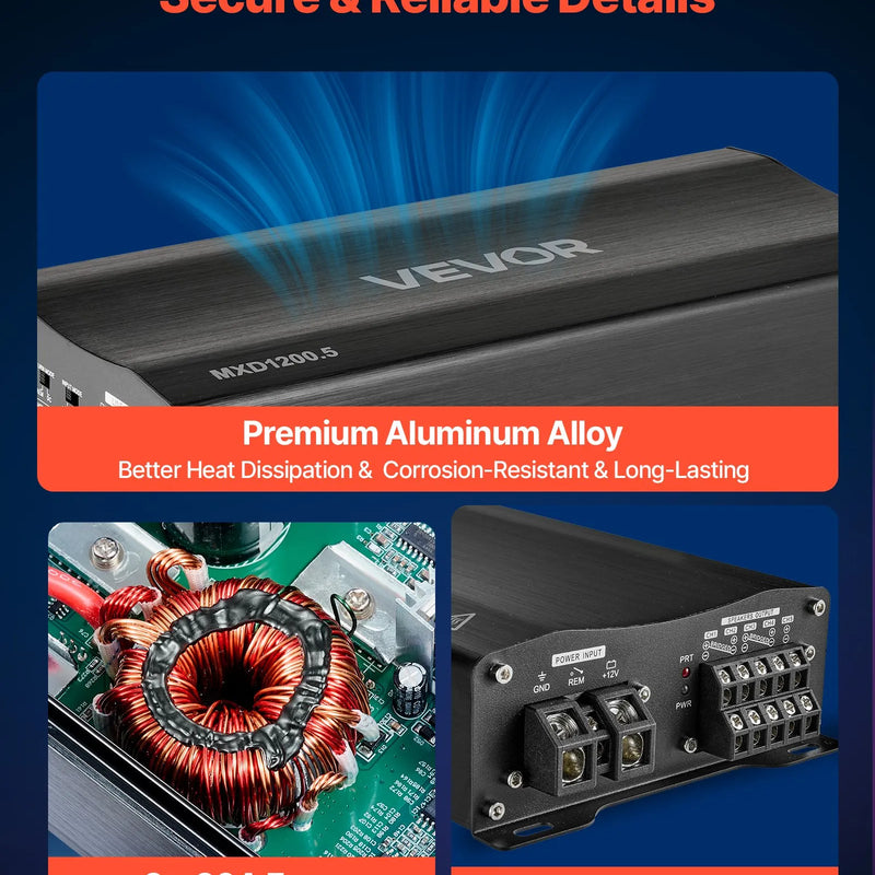 VEVOR 5 kanālu automašīnas audio pastiprinātājs, tiltojams daudzkanālu Class D stereo pastiprinātājs ar maksimālo jaudu 4 × 100 W pie 4 Ω / 4 × 200 W pie 2 Ω + 1 × 1000 W pie 2 Ω / 1 × 500 W pie 4 Ω, auto pastiprinātājs transportlīdzekļiem - ZEMLETES.LV