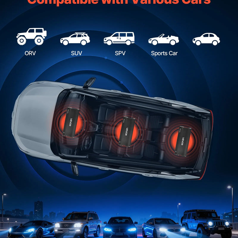 VEVOR 5 kanālu automašīnas audio pastiprinātājs, tiltojams daudzkanālu Class D stereo pastiprinātājs ar maksimālo jaudu 4 × 100 W pie 4 Ω / 4 × 200 W pie 2 Ω + 1 × 1000 W pie 2 Ω / 1 × 500 W pie 4 Ω, auto pastiprinātājs transportlīdzekļiem - ZEMLETES.LV