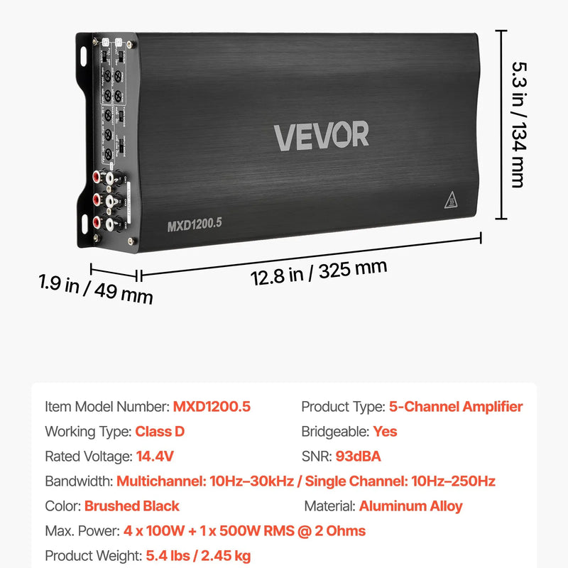 VEVOR 5 kanālu automašīnas audio pastiprinātājs, tiltojams daudzkanālu Class D stereo pastiprinātājs ar maksimālo jaudu 4 × 100 W pie 4 Ω / 4 × 200 W pie 2 Ω + 1 × 1000 W pie 2 Ω / 1 × 500 W pie 4 Ω, auto pastiprinātājs transportlīdzekļiem - ZEMLETES.LV