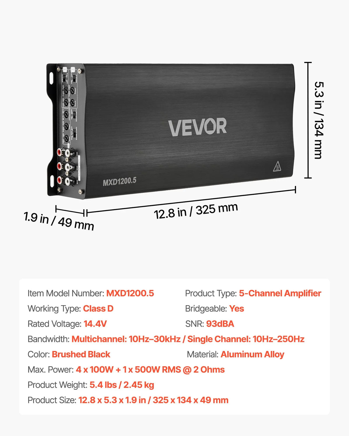 VEVOR 5 kanālu automašīnas audio pastiprinātājs, tiltojams daudzkanālu Class D stereo pastiprinātājs ar maksimālo jaudu 4 × 100 W pie 4 Ω / 4 × 200 W pie 2 Ω + 1 × 1000 W pie 2 Ω / 1 × 500 W pie 4 Ω, auto pastiprinātājs transportlīdzekļiem - ZEMLETES.LV