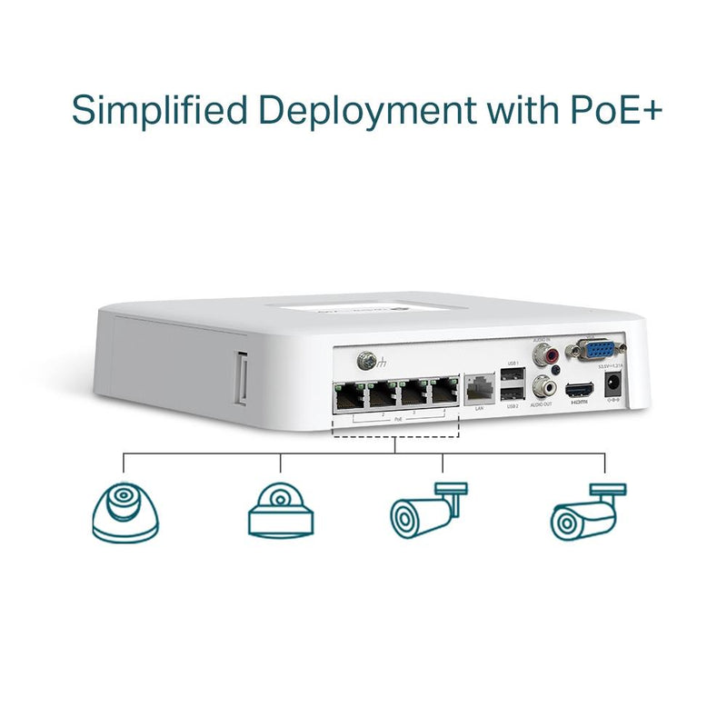 TP-Link VIGI NVR1104H-4P tīkla videoreģistrators, 4 kanāli, 4× PoE+, 53 W, līdz 8 MP, 4K HDMI