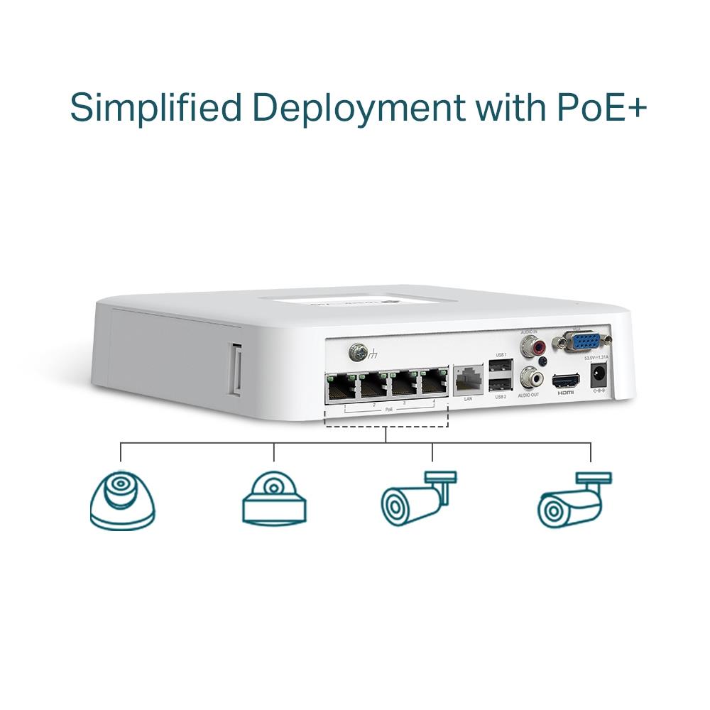 TP-Link VIGI NVR1104H-4P network video recorder, 4 channels, 4× PoE+, 53 W, up to 8 MP, 4K HDMI