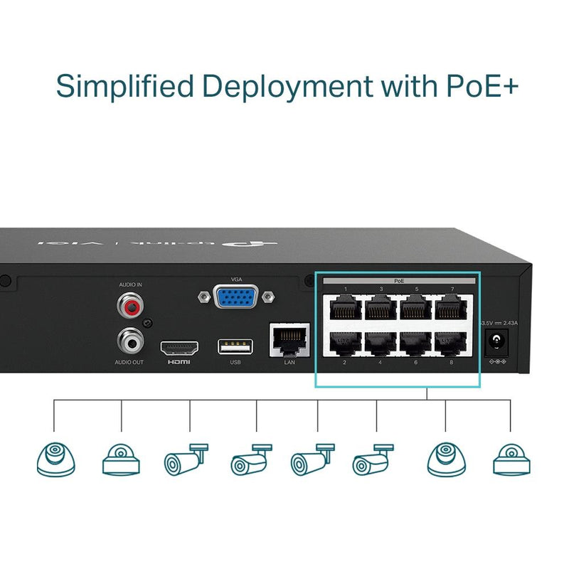 TP-Link VIGI NVR1008H-8MP tīkla videoreģistrators, 8 kanāli, 8× PoE+, 113 W, līdz 8 MP, 4K HDMI
