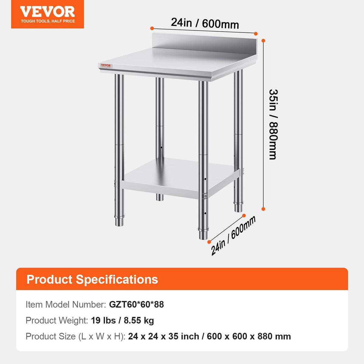 VEVOR Stainless Steel Work Table 60 × 60 × 88 cm with Lower Shelf, NSF, Commercial Kitchen