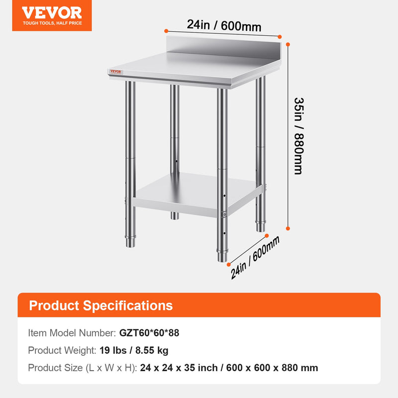 VEVOR NSF nerūsējošā tērauda darba galds 60 x 60 x 88 cm ar apakšējo plauktu komerciālai virtuvei