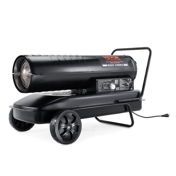 220V VEVOR Dīzeļa Torpēdas Tipa Sildītājs, 215000 BTU, Pārnēsājams ar Termostata Vadību, 50 L Tvertne, Efektīvs Iekštelpās un Ārtelpās, Darbnīcām un Rūpnieciskām Vidēm