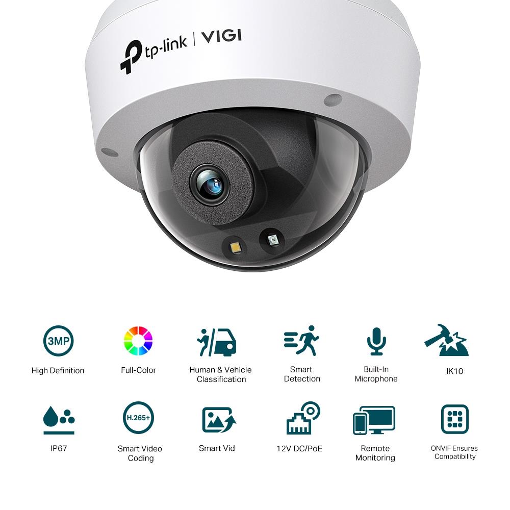 TP-Link VIGI C230 3MP IR dome IP camera, 4mm, IR 30m, Smart IR, WDR, AI, H.265+, PoE, microSD 512GB, IP67, IK10