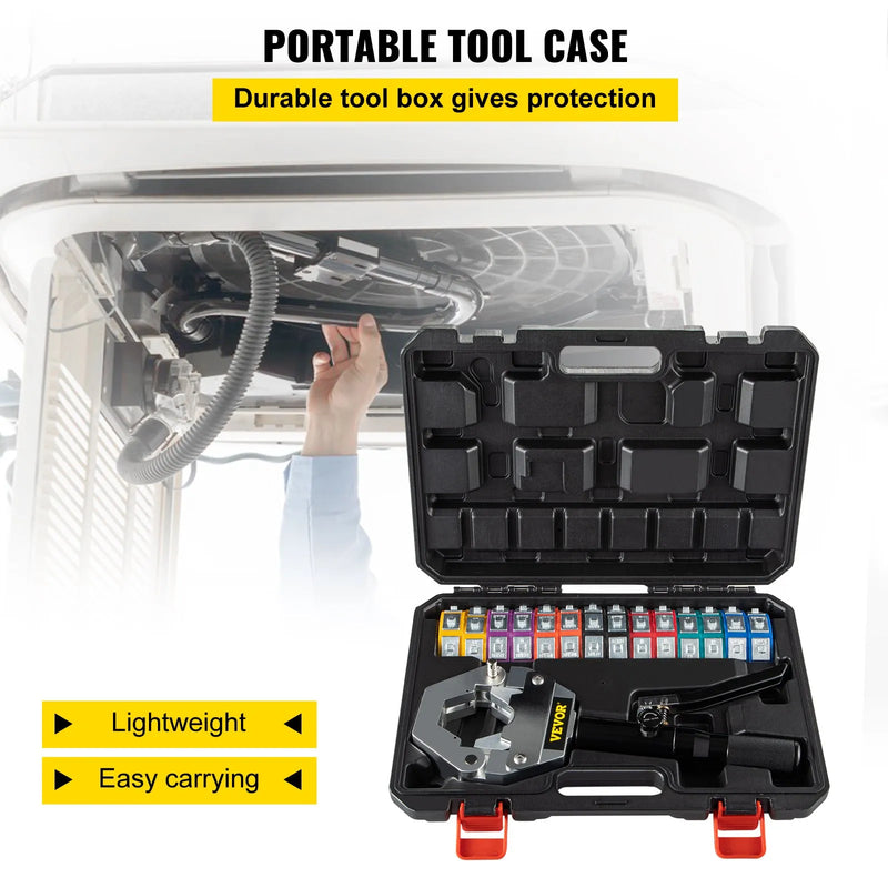 71500 rokas hidrauliskais preses komplekts automobiļu A/C šļūteņu savilkšanai – paredzēts gaisa kondicionieru un auto cauruļu remontam