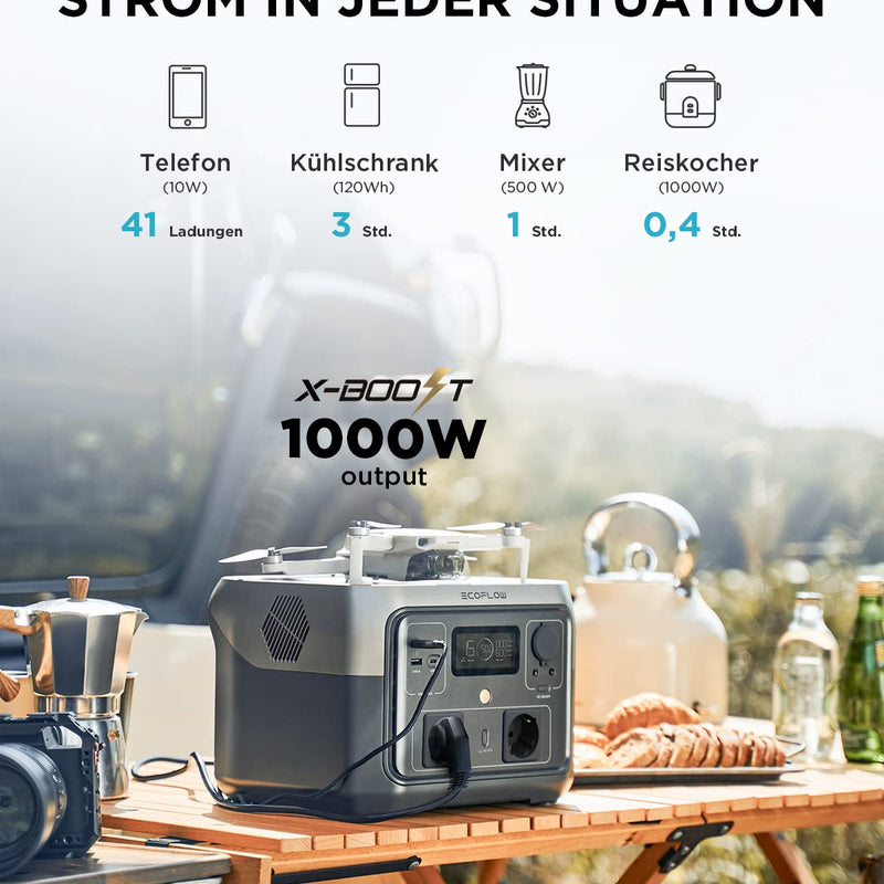 ECOFLOW Pārnēsājamā elektroiekārta RIVER 2 MAX, 512 Wh saules ģenerators ar LiFeP04, ātrā uzlāde 1 stundas laikā, līdz 1000 W jauda, balkona saules sistēma ārkārtas strāvas padevei, kempingam un treileriem.