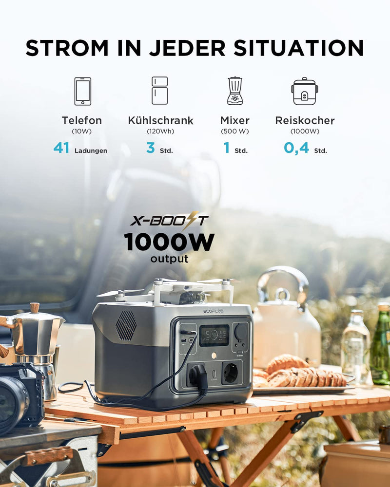 ECOFLOW Portable power pack RIVER 2 MAX, 512 Wh solar generator with LiFeP04, fast charging in 1 hour, up to 1000 W power, balcony solar system for emergency power supply, camping and caravans.