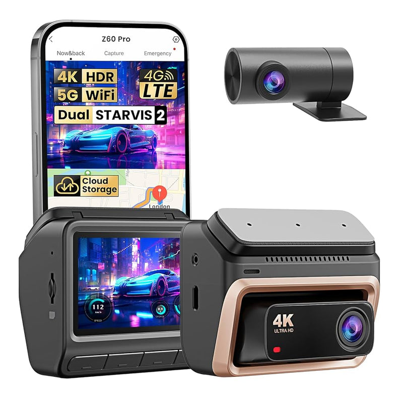 DDPAI Z60 Pro 4K auto video reģistrators – atbalsts 3 kamerām (priekšā, salonā, aizmugurē), SONY STARVIS2, ADAS, 5GHz Wi-Fi, 4G attālinātā piekļuve