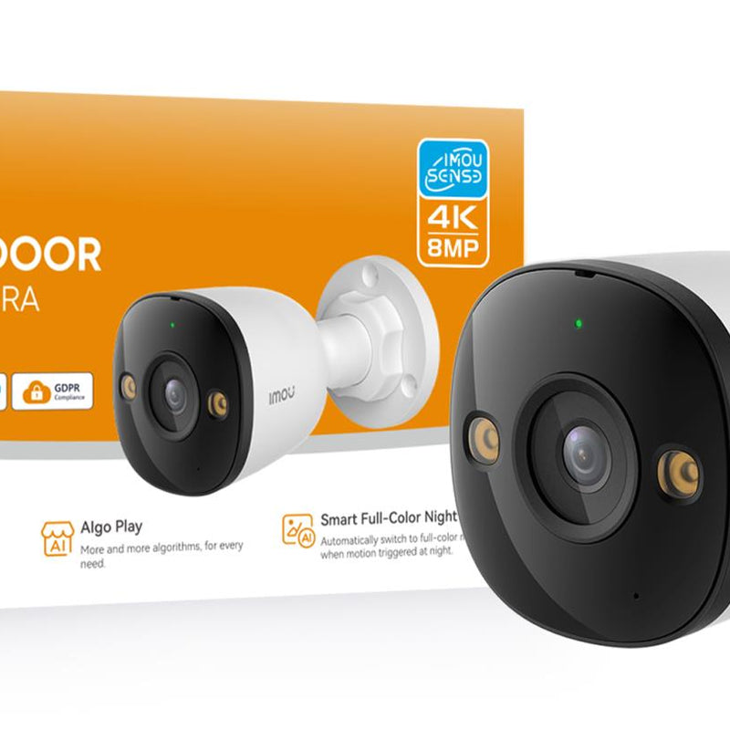 Imou PS3E 8 MP āra un iekštelpu bullet IP kamera, 2,8 mm, 109°, 8× digitālā tālummaiņa, Smart nakts redzamība līdz 30 m, H.265, divvirzienu audio, AI cilvēku un transportlīdzekļu noteikšana, sirēna, microSD līdz 512 GB, PoE, IP67, balta