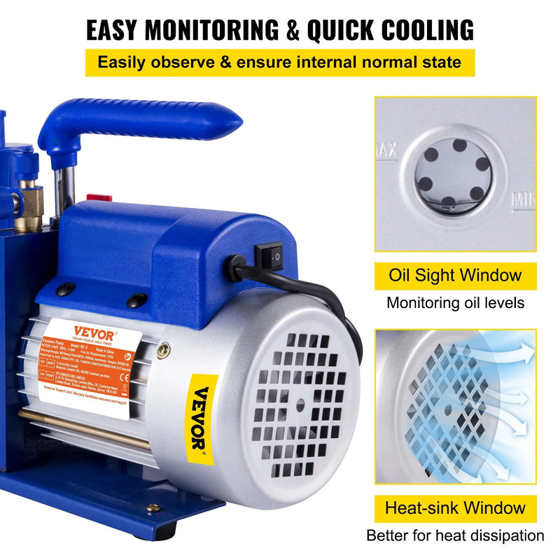 VEVOR vienpakāpes vakuumsūknis ar rotācijas lāpstiņu, 198 l/min, 0,37 kW HVAC dziļā vakuuma sūknēšanai