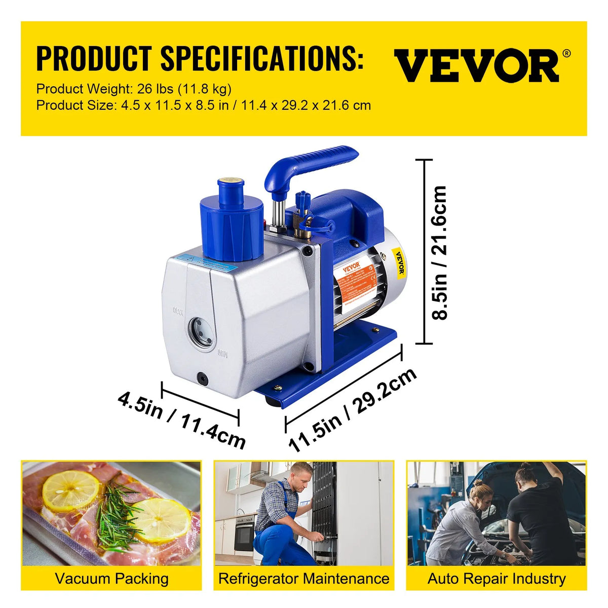 VEVOR Single-Stage Rotary Vane Vacuum Pump, 198 l/min, 0.37 kW HVAC Deep Vacuum Pumping