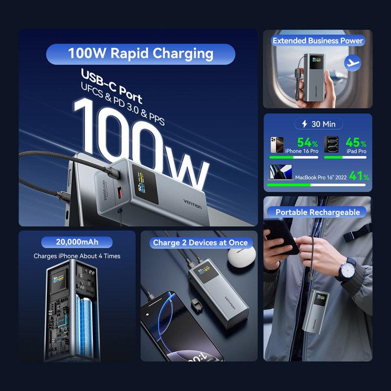 Vention FKCH0 ārējais akumulators 20 000 mAh, 100 W PD, ar USB-C vadu un TFT displeju, pelēks