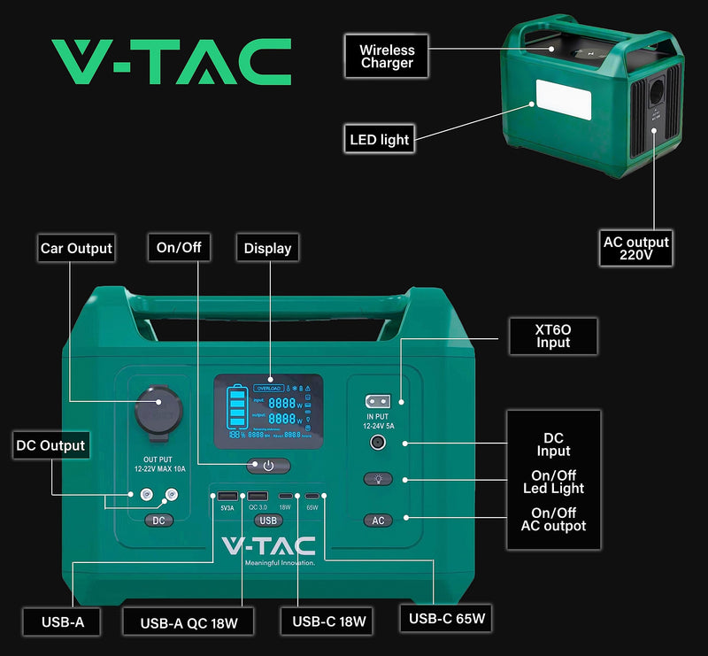 V-TAC Pārnēsājamā elektroiekārta Power Station 300 W – Akumulators 288 Wh – Maksimālā jauda 600 W – Maiņstrāva 220 V – LED displejs – Uzlāde ar izvēles fotovoltaikas paneli vai barošanas bloku.