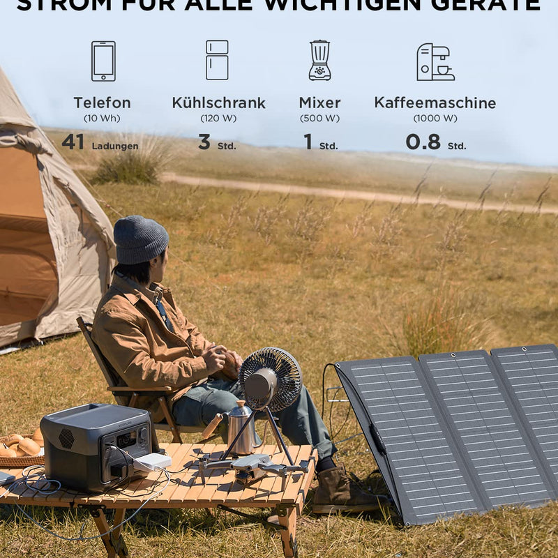 ECOFLOW Pārnēsājamā elektroiekārta RIVER 2 MAX, 512 Wh saules ģenerators ar LiFeP04, ātrā uzlāde 1 stundas laikā, līdz 1000 W jauda, balkona saules sistēma ārkārtas strāvas padevei, kempingam un treileriem.