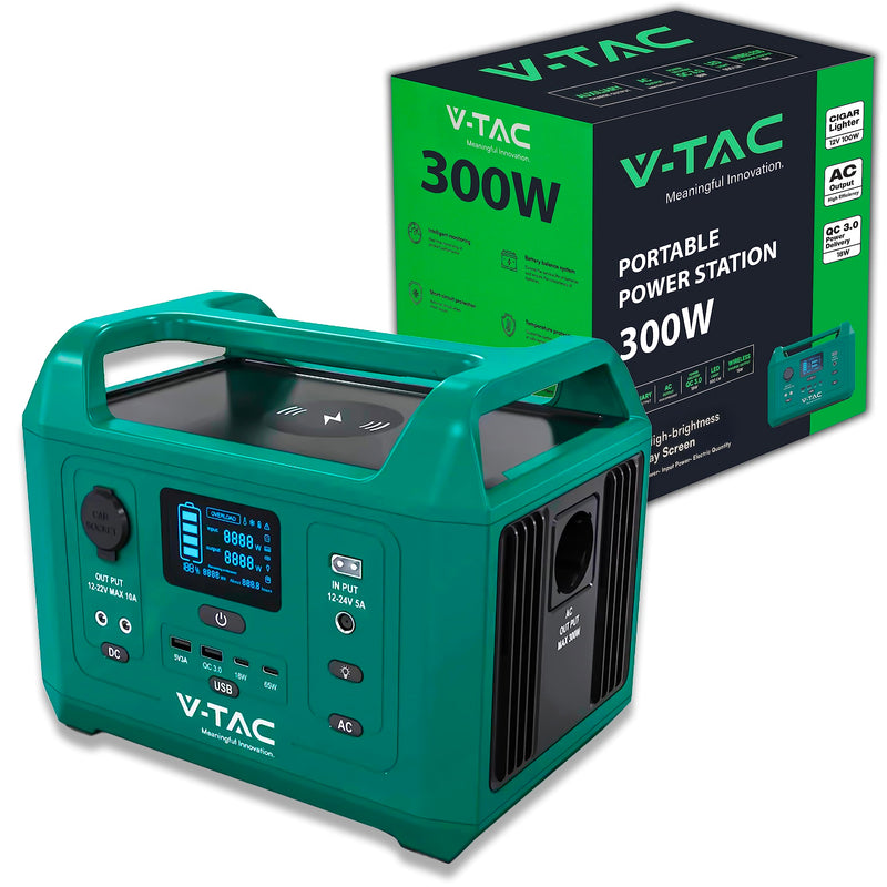 V-TAC Pārnēsājamā elektroiekārta Power Station 300 W – Akumulators 288 Wh – Maksimālā jauda 600 W – Maiņstrāva 220 V – LED displejs – Uzlāde ar izvēles fotovoltaikas paneli vai barošanas bloku.