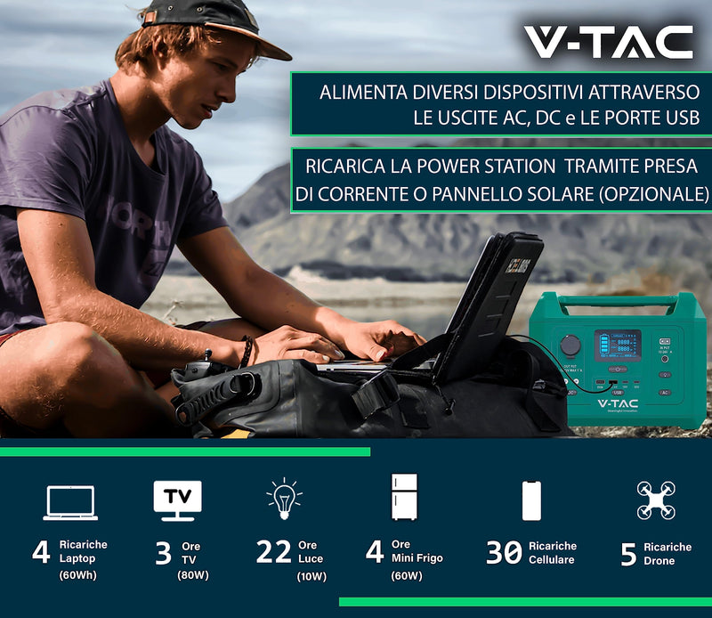 V-TAC Pārnēsājamā elektroiekārta Power Station 300 W – Akumulators 288 Wh – Maksimālā jauda 600 W – Maiņstrāva 220 V – LED displejs – Uzlāde ar izvēles fotovoltaikas paneli vai barošanas bloku.