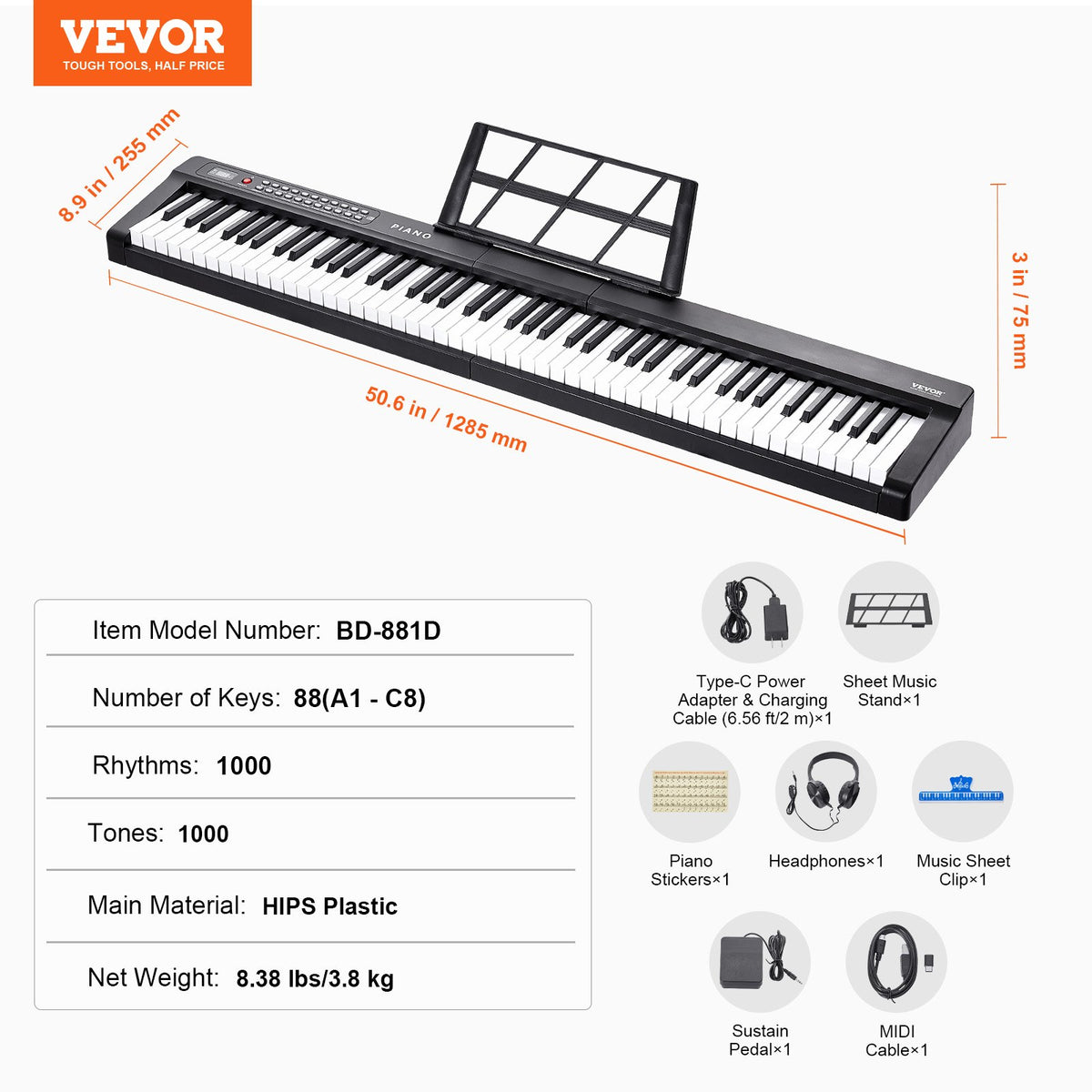 VEVOR digitālā klaviatūra 88 daļēji svaroti taustiņi, pārnēsājama, bez statīva