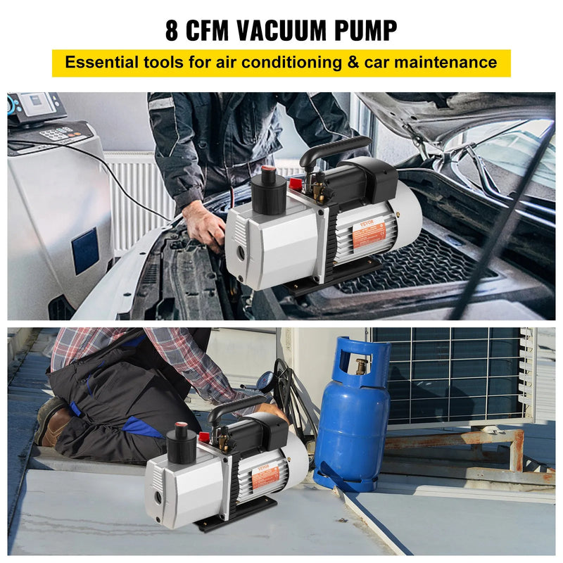 VEVOR profesionāls divpakāpju rotācijas lāpstiņu vakuumsūknis, gaisa plūsma 483 l/min, gala vakuums 15 mikroni, jauda 0,56 kW (3/4 HP)