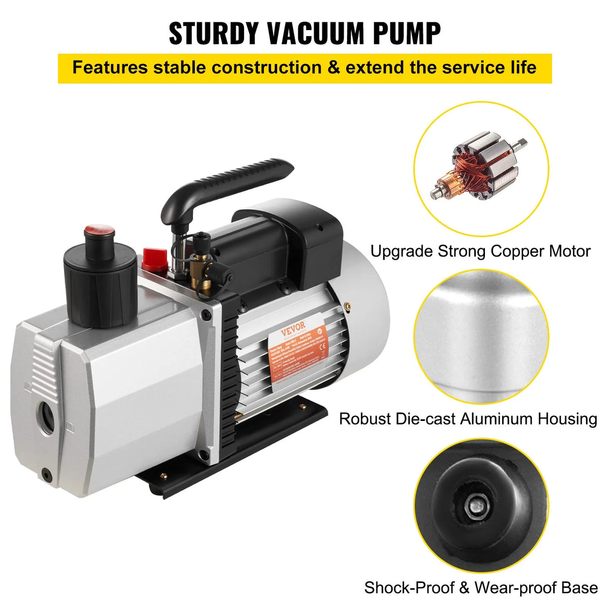 VEVOR profesionāls divpakāpju rotācijas lāpstiņu vakuumsūknis, gaisa plūsma 483 l/min, gala vakuums 15 mikroni, jauda 0,56 kW (3/4 HP)