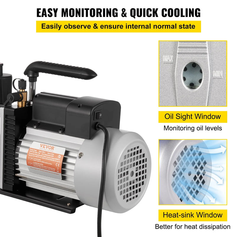 VEVOR profesionāls divpakāpju rotācijas lāpstiņu vakuumsūknis, gaisa plūsma 483 l/min, gala vakuums 15 mikroni, jauda 0,56 kW (3/4 HP)