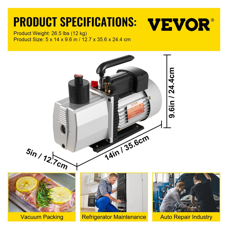 VEVOR profesionāls divpakāpju rotācijas lāpstiņu vakuumsūknis, gaisa plūsma 483 l/min, gala vakuums 15 mikroni, jauda 0,56 kW (3/4 HP)
