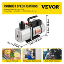 VEVOR profesionāls divpakāpju rotācijas lāpstiņu vakuumsūknis, gaisa plūsma 483 l/min, gala vakuums 15 mikroni, jauda 0,56 kW (3/4 HP)