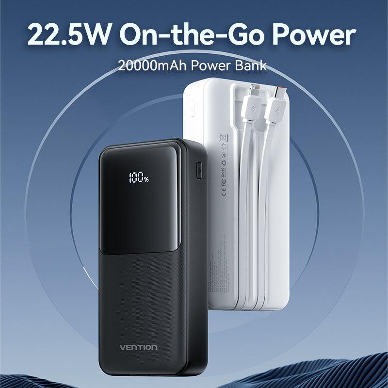 Vention FHPB0 ārējais akumulators 20 000 mAh, 22,5 W, ar iebūvētiem USB-C un Lightning vadiem, melns