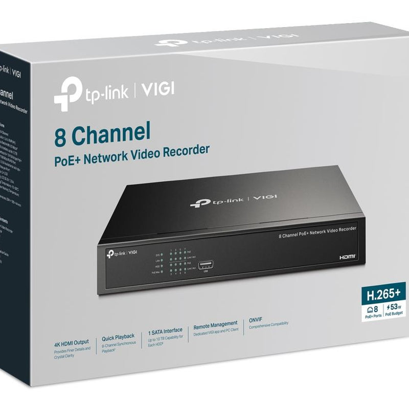 TP-Link VIGI NVR1008H-8P 8 kanālu tīkla videoreģistrators ar 8 PoE+ pieslēgvietām, 4K HDMI, līdz 8 MP, 1 SATA, līdz 16 TB
