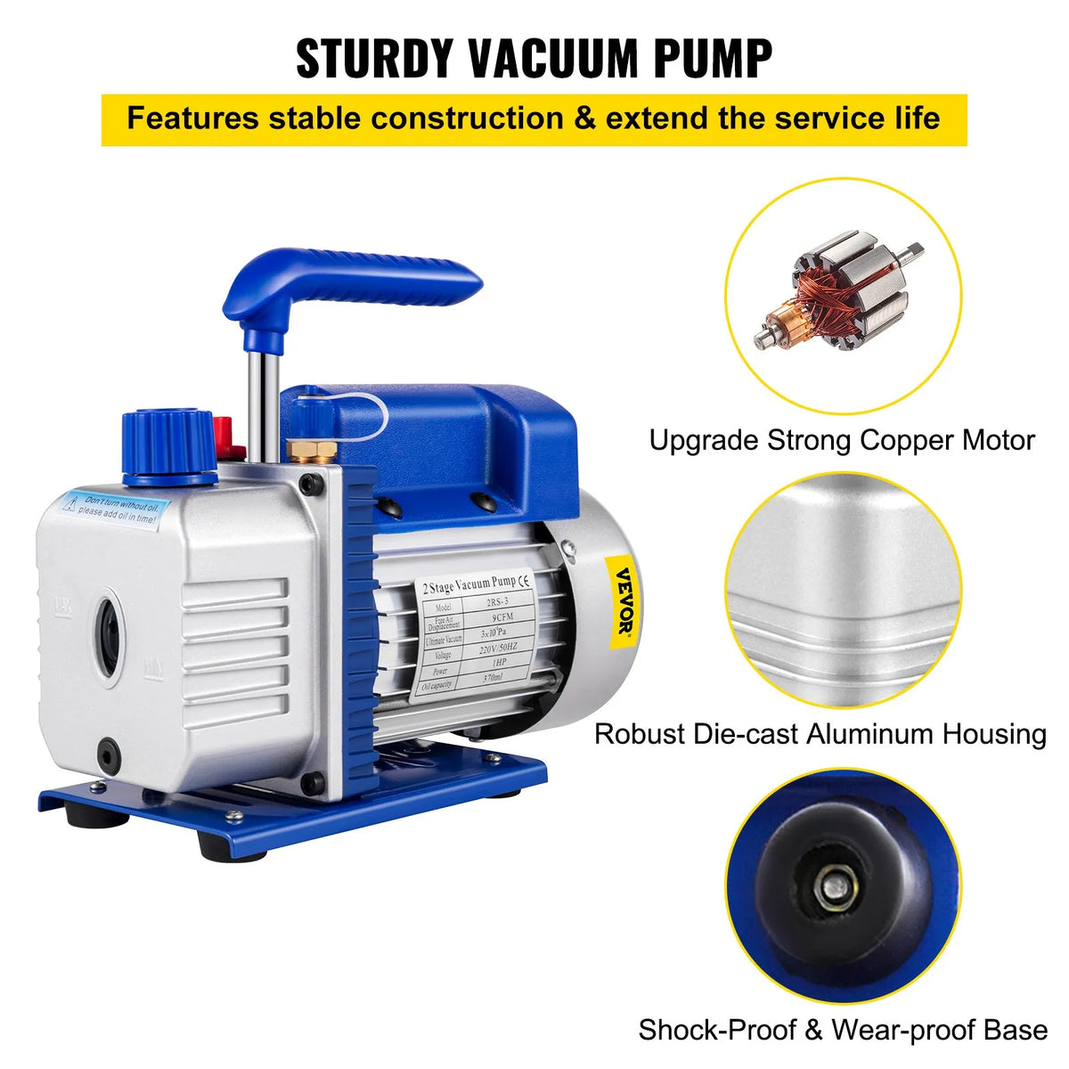 VEVOR Air Conditioning Vacuum Pump 533 l/min (9 CFM), 746 W (1 HP), 370 ml Oil Capacity, for Refrigerant System Evacuation and Dehydration