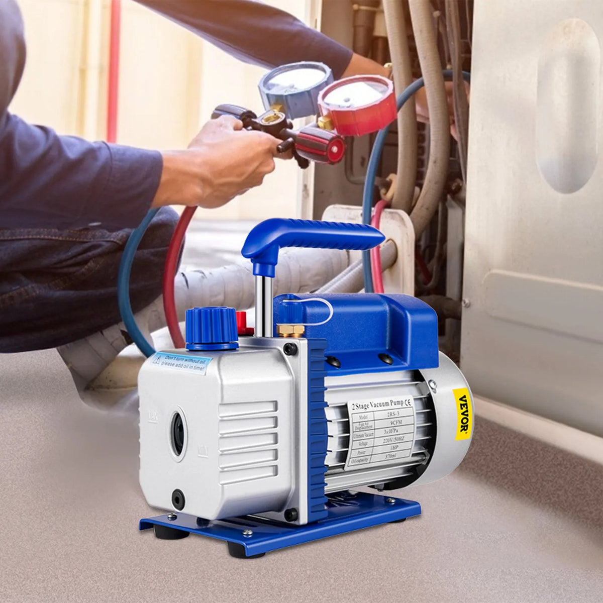 VEVOR Air Conditioning Vacuum Pump 533 l/min (9 CFM), 746 W (1 HP), 370 ml Oil Capacity, for Refrigerant System Evacuation and Dehydration