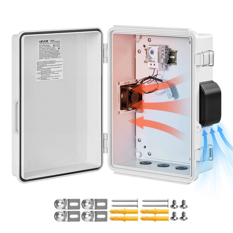 VEVOR elektriskā sadales kārba IP65, 360 x 275 x 150 mm, ABS korpuss ar termostatu, ventilatoru, montāžas plāksni un kabeļu ievadiem, lietošanai telpās un ārā