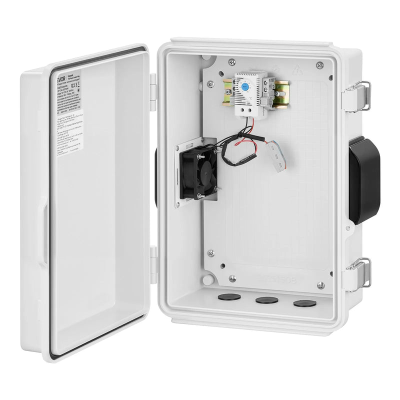 VEVOR elektriskā sadales kārba IP65, 360 x 275 x 150 mm, ABS korpuss ar termostatu, ventilatoru, montāžas plāksni un kabeļu ievadiem, lietošanai telpās un ārā