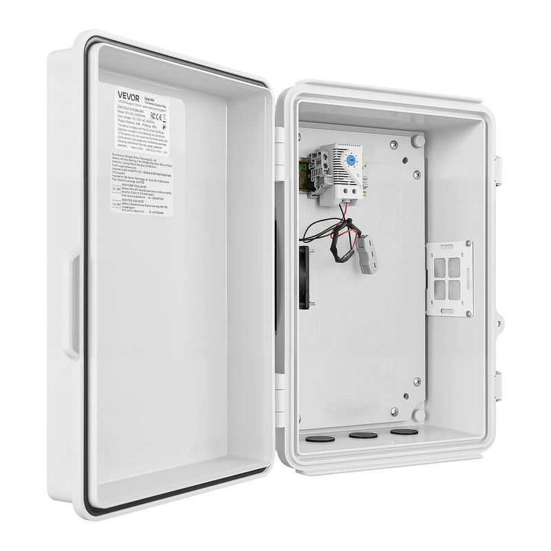 VEVOR elektriskā sadales kārba IP65, 360 x 275 x 150 mm, ABS korpuss ar termostatu, ventilatoru, montāžas plāksni un kabeļu ievadiem, lietošanai telpās un ārā