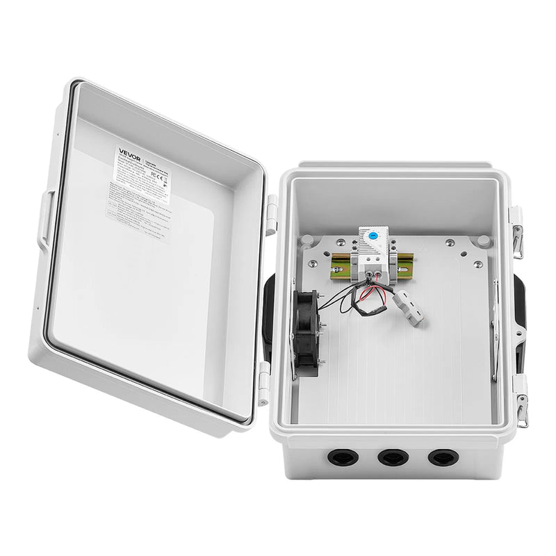 VEVOR elektriskā sadales kārba IP65, 360 x 275 x 150 mm, ABS korpuss ar termostatu, ventilatoru, montāžas plāksni un kabeļu ievadiem, lietošanai telpās un ārā