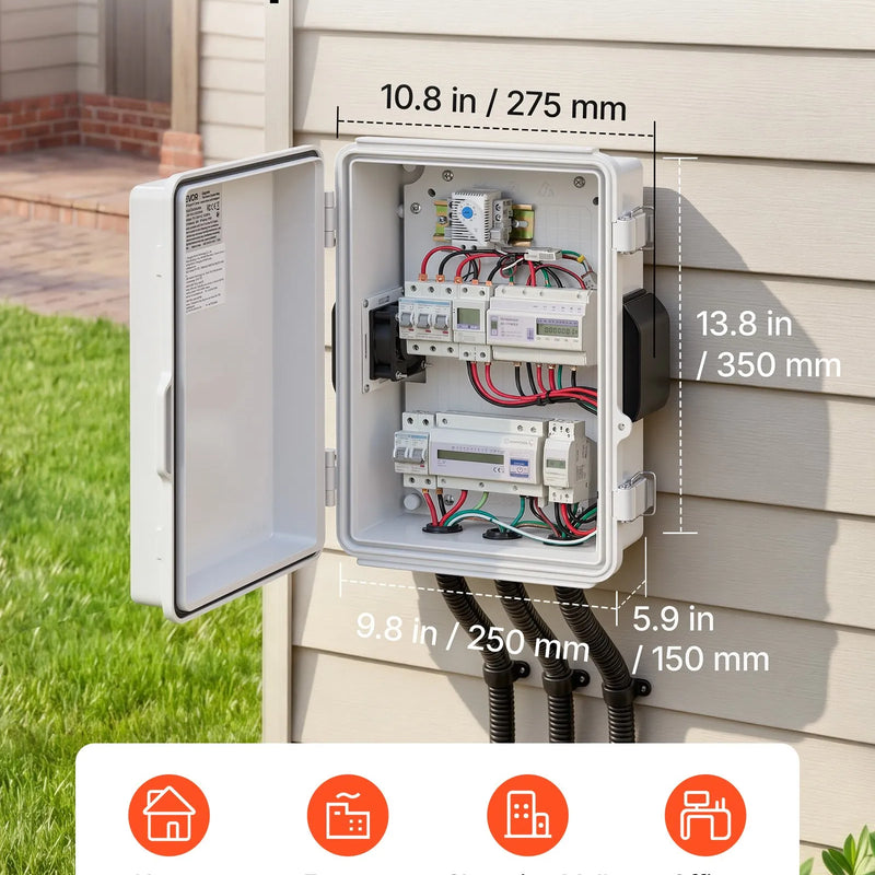 VEVOR elektriskā sadales kārba IP65, 360 x 275 x 150 mm, ABS korpuss ar termostatu, ventilatoru, montāžas plāksni un kabeļu ievadiem, lietošanai telpās un ārā