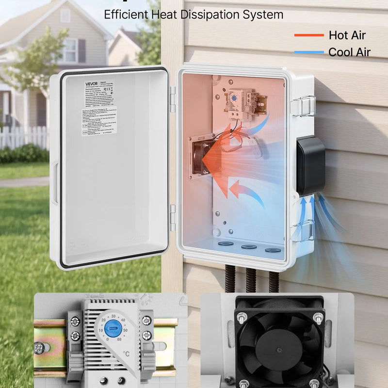 VEVOR elektriskā sadales kārba IP65, 360 x 275 x 150 mm, ABS korpuss ar termostatu, ventilatoru, montāžas plāksni un kabeļu ievadiem, lietošanai telpās un ārā