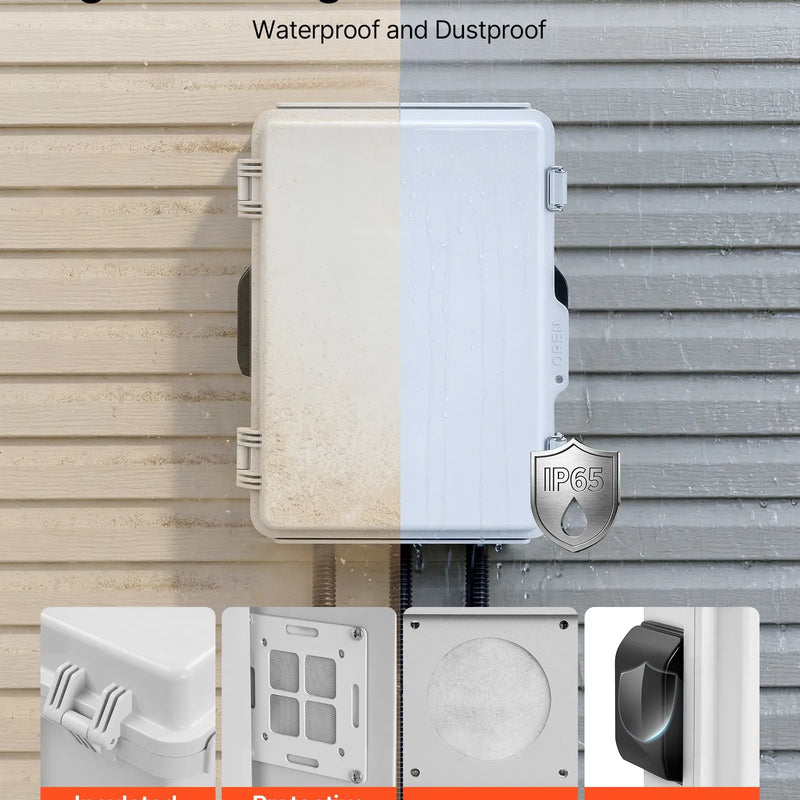 VEVOR elektriskā sadales kārba IP65, 360 x 275 x 150 mm, ABS korpuss ar termostatu, ventilatoru, montāžas plāksni un kabeļu ievadiem, lietošanai telpās un ārā