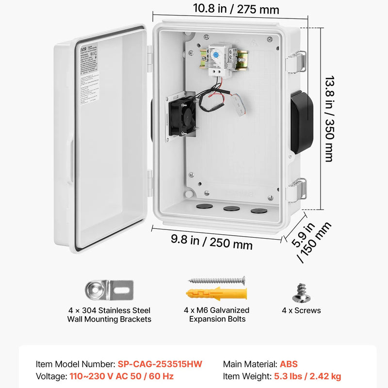 VEVOR elektriskā sadales kārba IP65, 360 x 275 x 150 mm, ABS korpuss ar termostatu, ventilatoru, montāžas plāksni un kabeļu ievadiem, lietošanai telpās un ārā