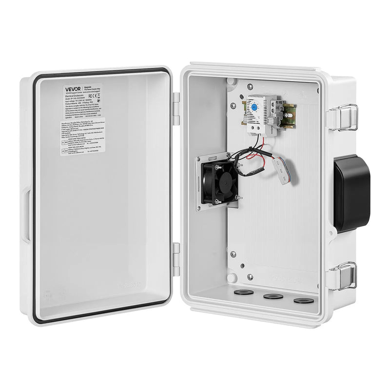 VEVOR elektriskā sadales kārba IP65, 360 x 275 x 150 mm, ABS korpuss ar termostatu, ventilatoru, montāžas plāksni un kabeļu ievadiem, lietošanai telpās un ārā