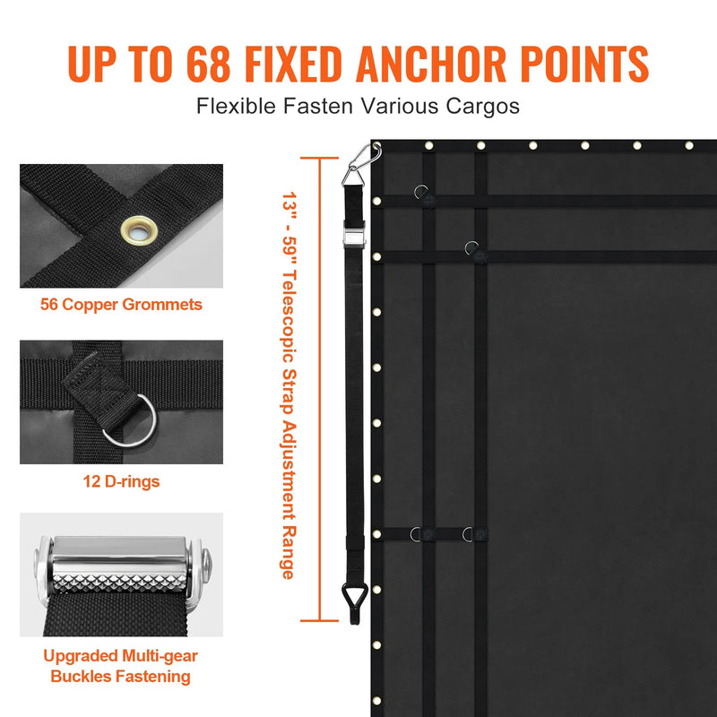 Smagās kravas tīkls 305 × 267 cm ar regulējamām sprādzēm un S-āķiem