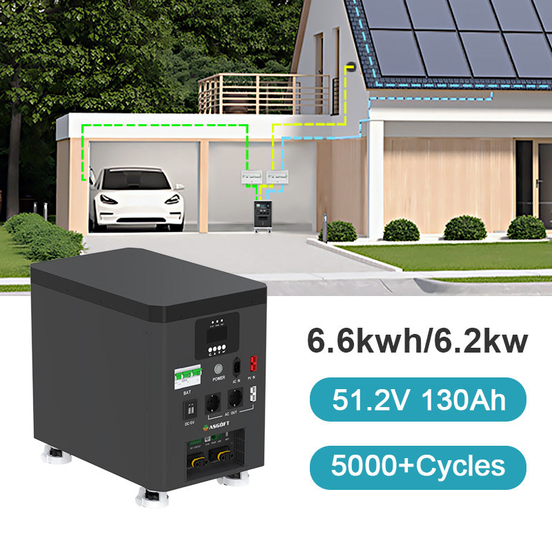 Asgoft 6.6 kWh all-in-one solar energy storage system, LiFePO4 battery, 5–10 kW MPPT inverter, 51.2 V, IP65 (14-day delivery)