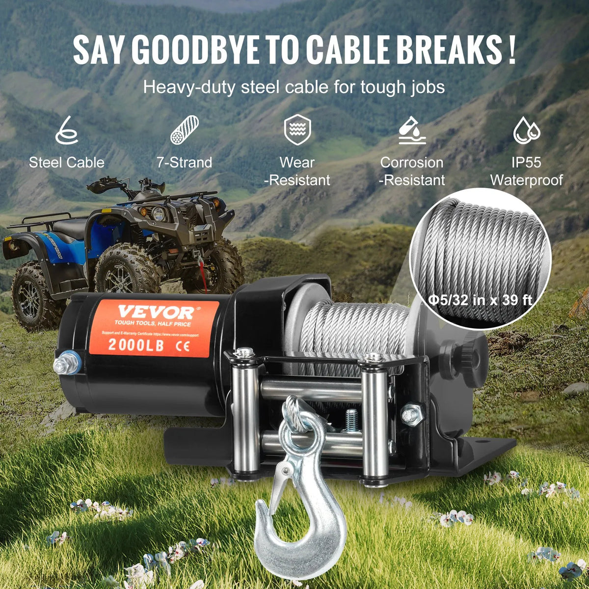 VEVOR elektriskā vinča ATV/UTV 907,2 kg ar tērauda trosi, IP55 ūdensizturība un vadu vadība - ZEMLETES.LV