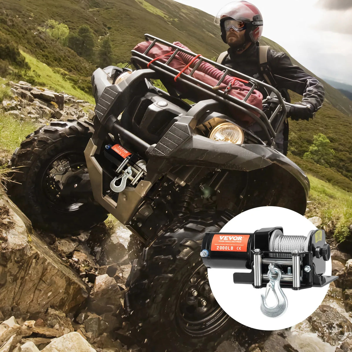 VEVOR elektriskā vinča ATV/UTV 907,2 kg ar tērauda trosi, IP55 ūdensizturība un vadu vadība - ZEMLETES.LV