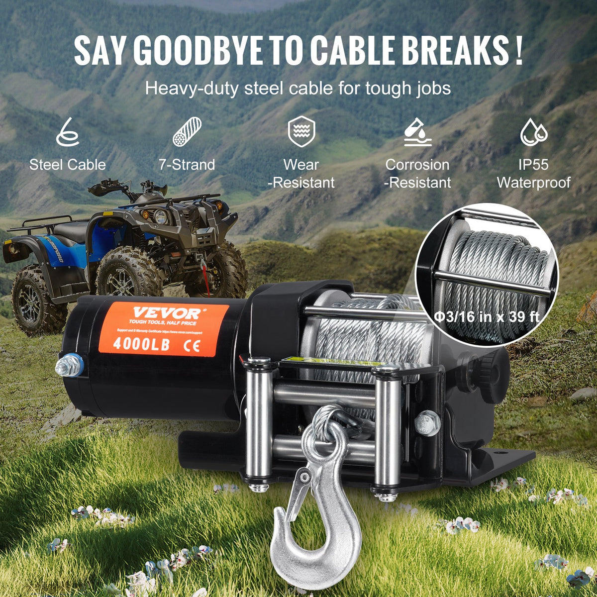 VEVOR elektriskā vinča ATV/UTV 1814,4 kg ar tērauda trosi, IP55 ūdensizturība un tālvadības pulti - ZEMLETES.LV