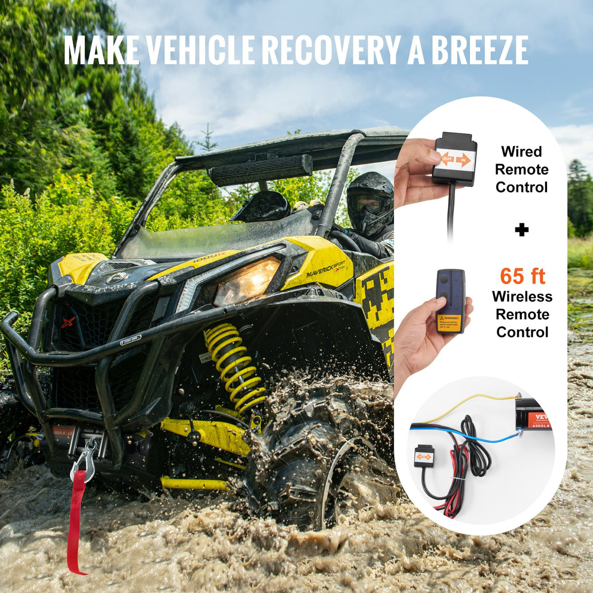 VEVOR elektriskā vinča ATV/UTV 1814,4 kg ar tērauda trosi, IP55 ūdensizturība un tālvadības pulti - ZEMLETES.LV