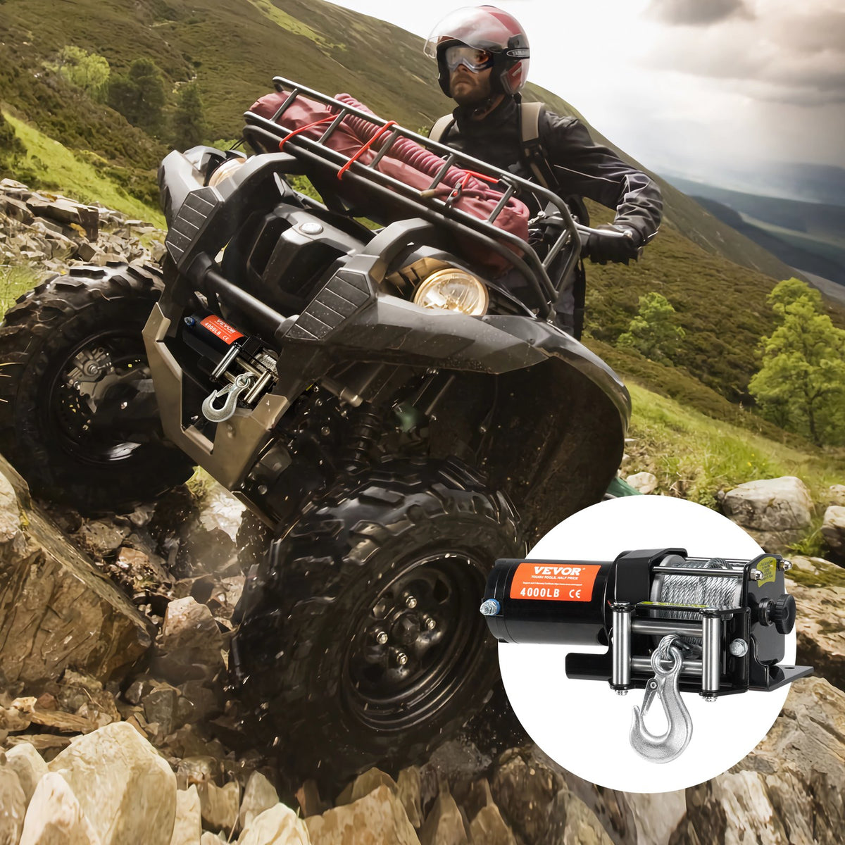 VEVOR elektriskā vinča ATV/UTV 1814,4 kg ar tērauda trosi, IP55 ūdensizturība un tālvadības pulti - ZEMLETES.LV